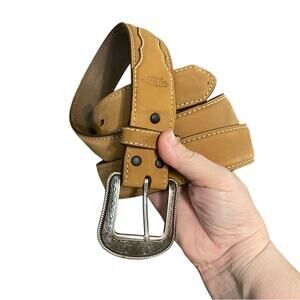 Red river outfitters tan leather belt with silver buckle western wear size 48